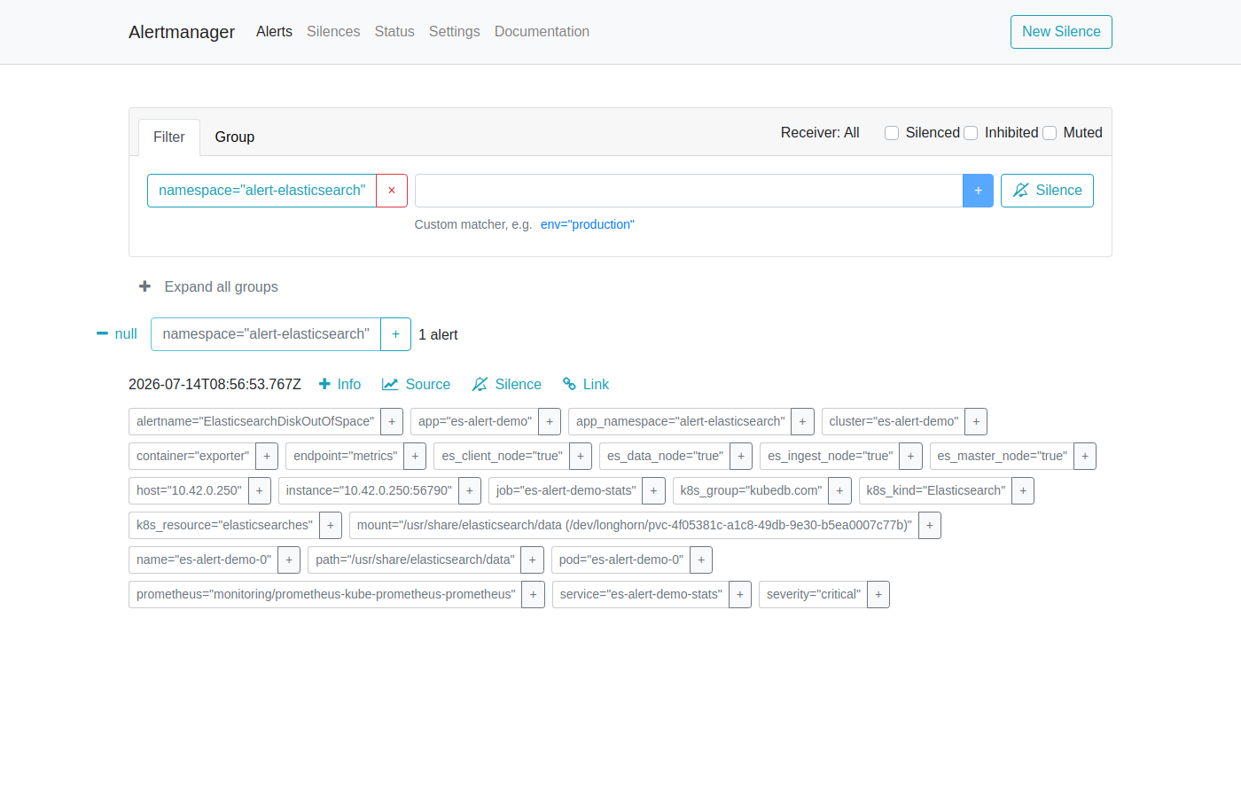 AlertManager — ElasticsearchDiskOutOfSpace Firing