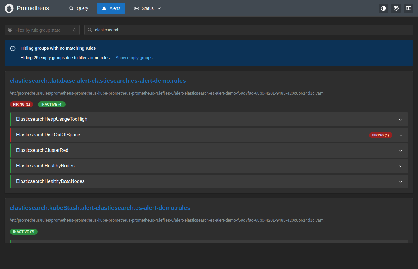 Prometheus Alerts — ElasticsearchDiskOutOfSpace Firing