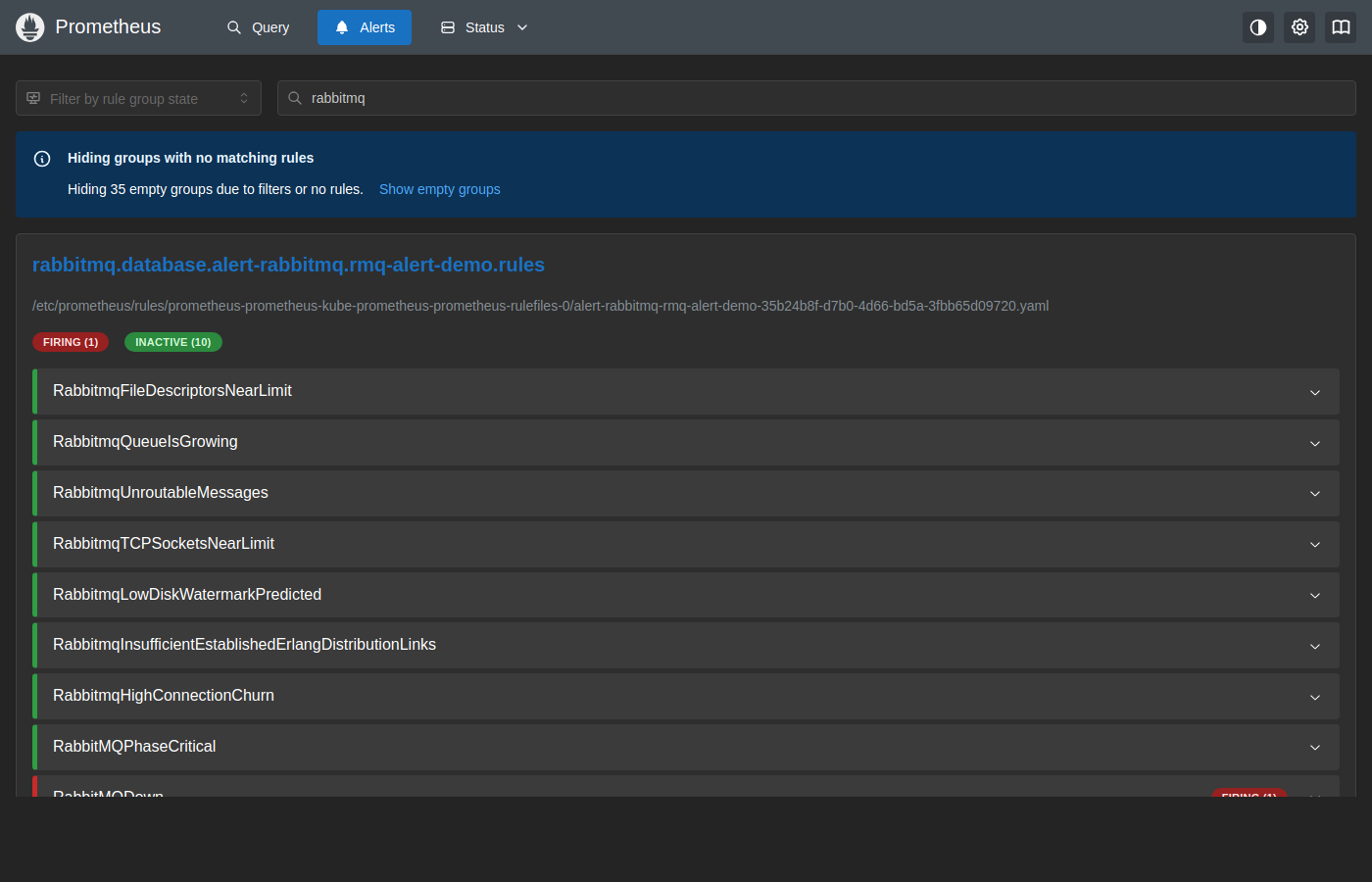 Prometheus Alerts — RabbitMQDown Firing