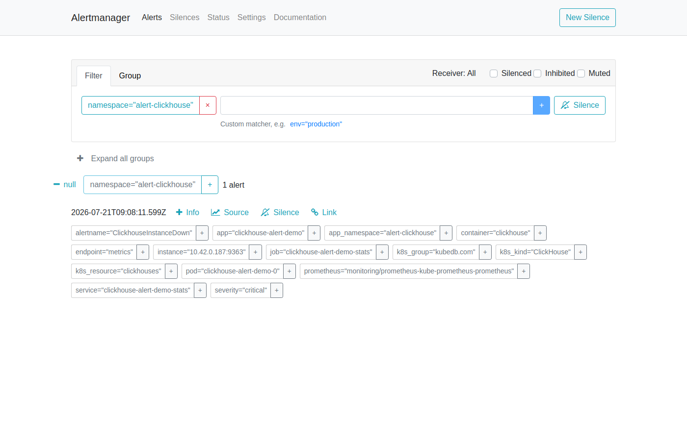 AlertManager — ClickhouseInstanceDown Firing