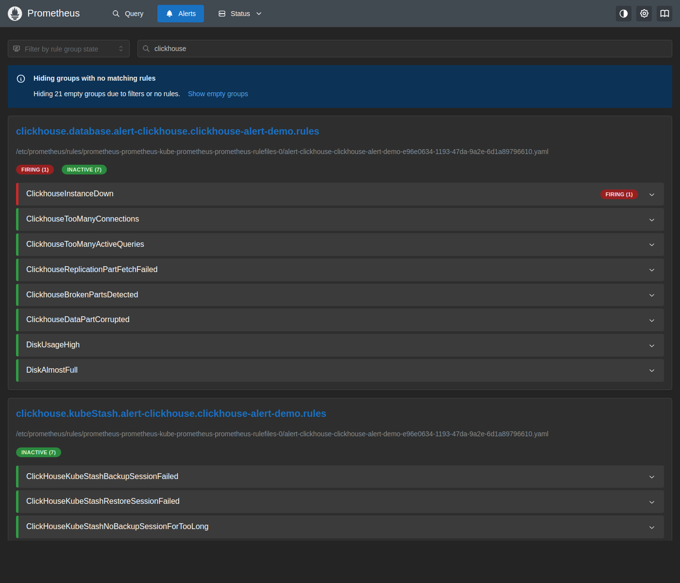 Prometheus Alerts — ClickhouseInstanceDown Firing