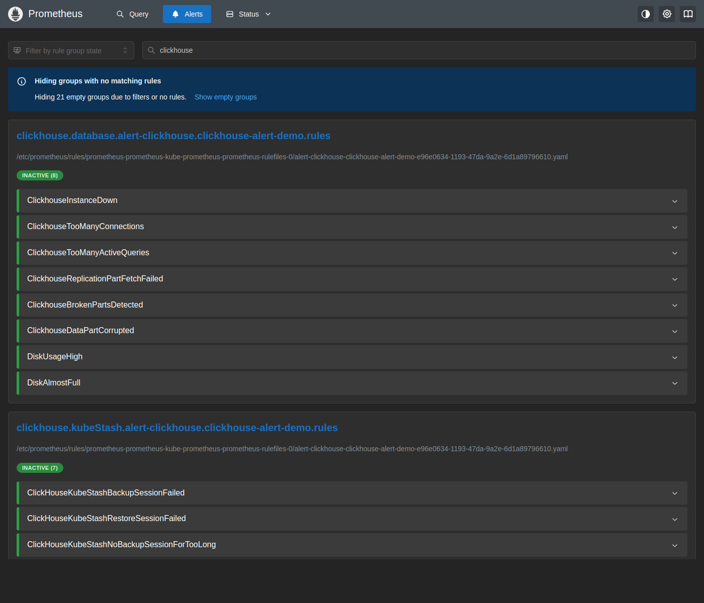 Prometheus Alerts — ClickHouse groups inactive