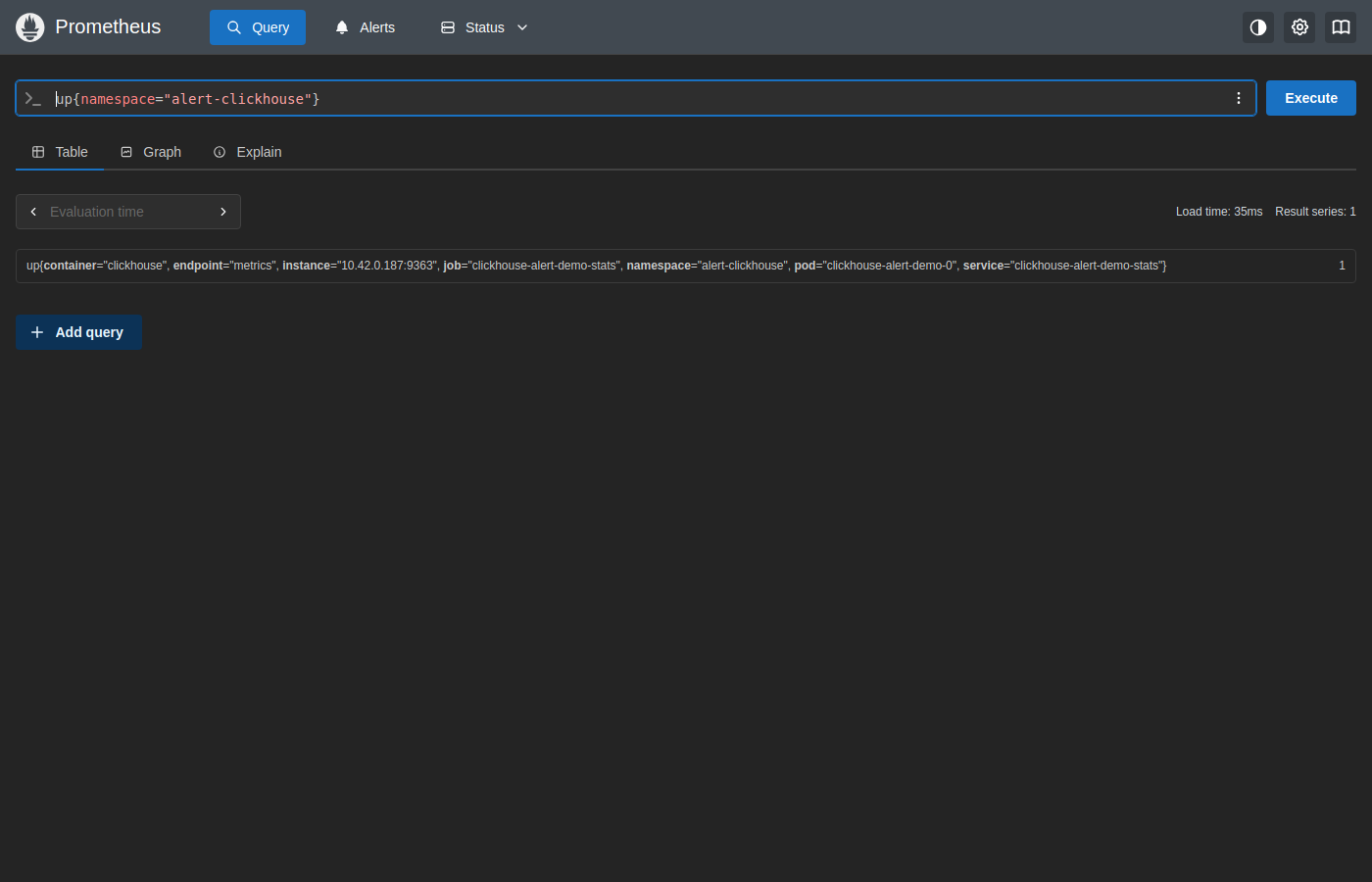 Prometheus up query — clickhouse-alert-demo-0 UP