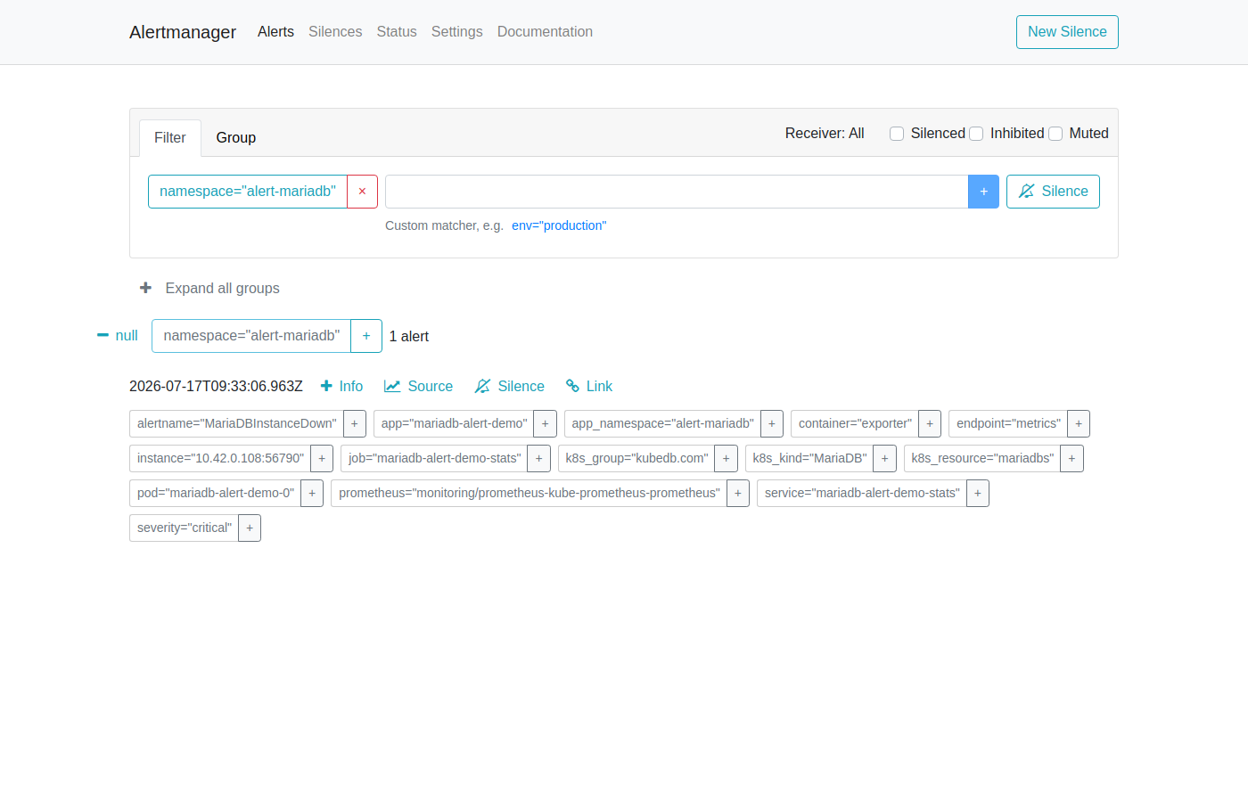 AlertManager — MariaDBInstanceDown Firing