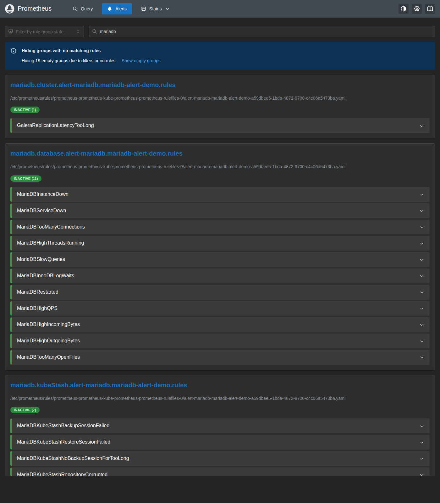 Prometheus Alerts — MariaDB groups inactive