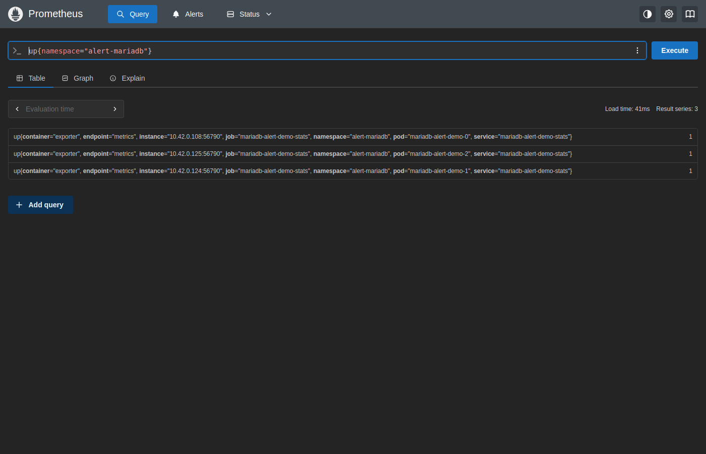 Prometheus up query — all 3 mariadb-alert-demo pods UP
