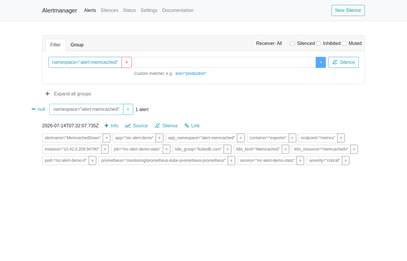 AlertManager — MemcachedDown Firing