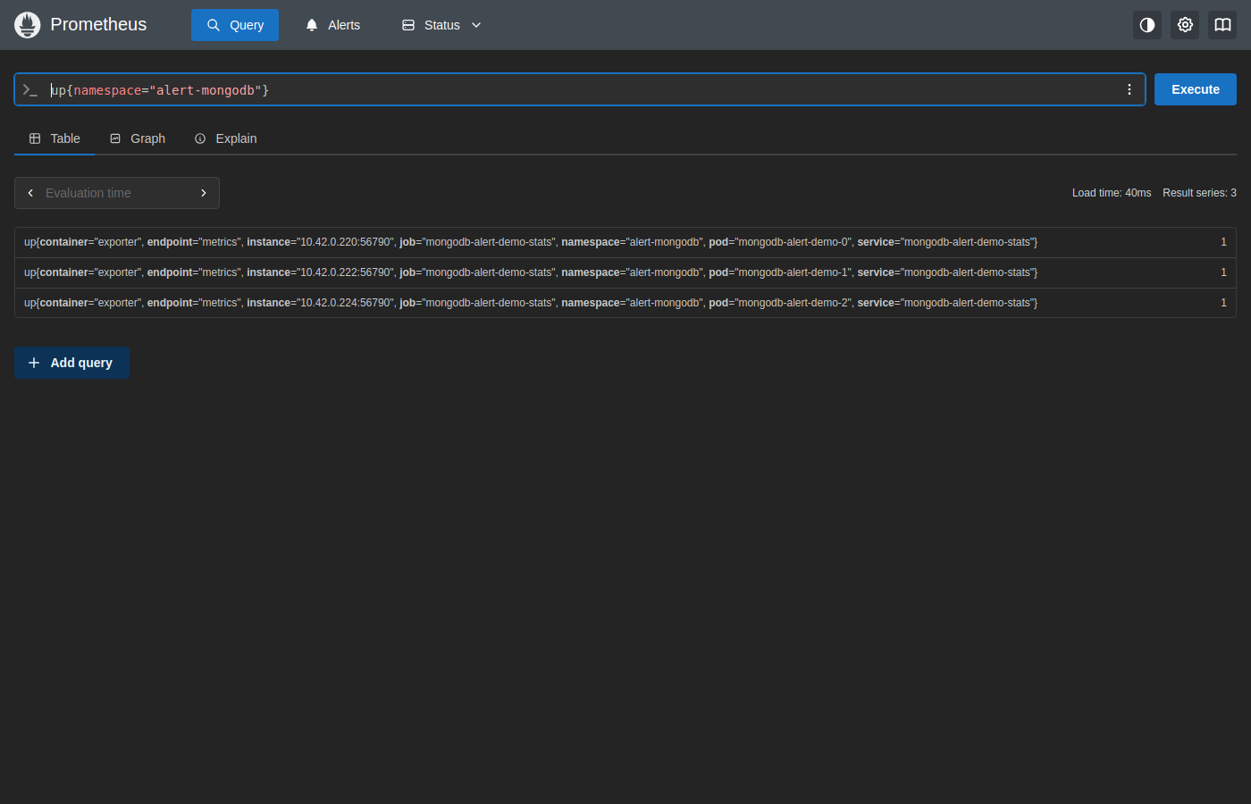 Prometheus up query — mongodb-alert-demo-0 UP