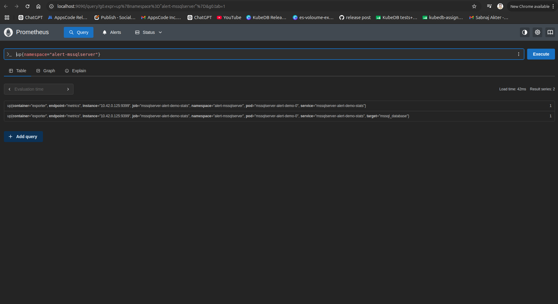 Prometheus up query — mssqlserver-alert-demo-0 UP