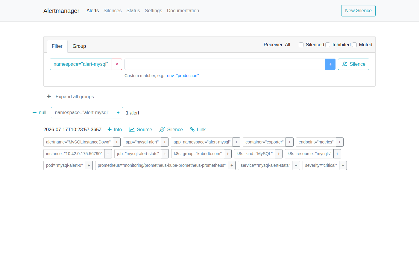 AlertManager — MySQLInstanceDown Firing