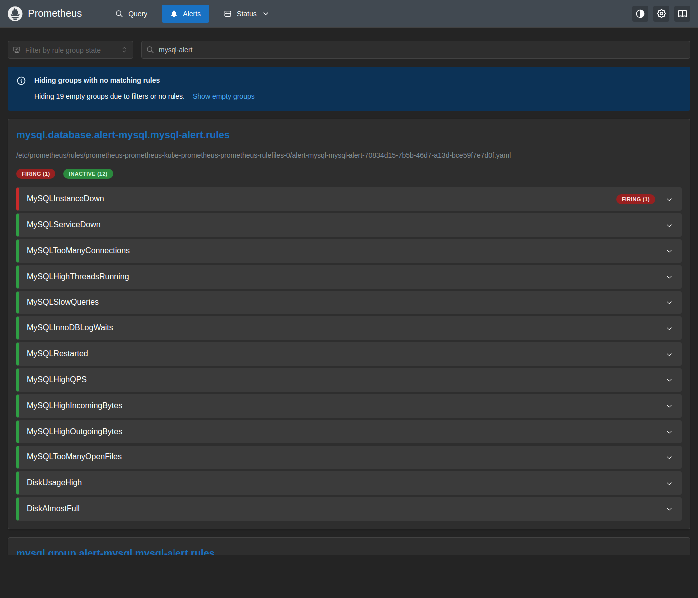 Prometheus Alerts — MySQLInstanceDown Firing