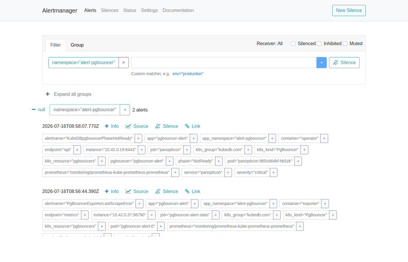 AlertManager — KubeDBpgbouncerPhaseNotReady Firing