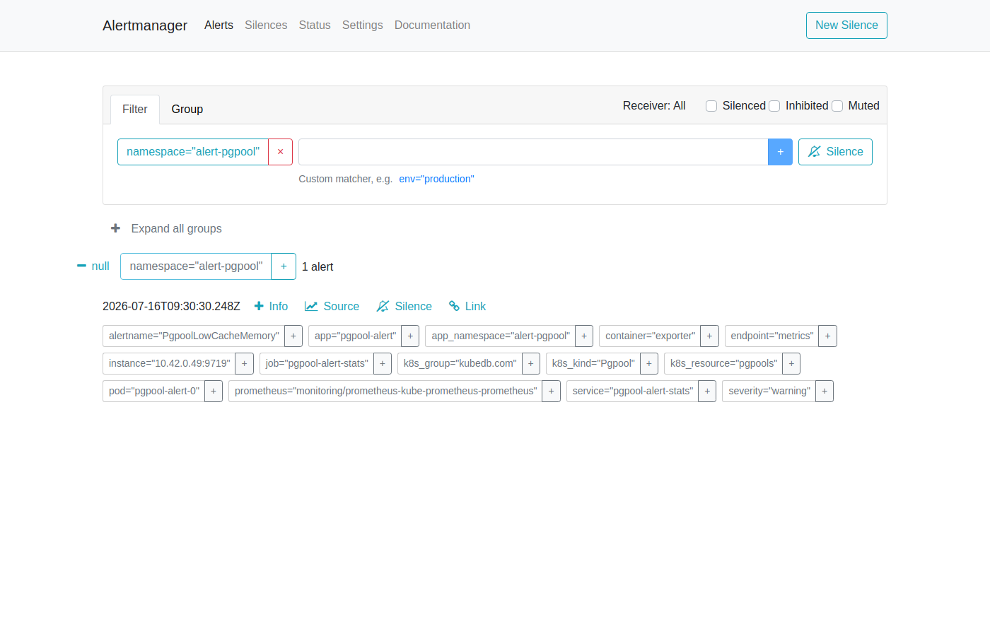 AlertManager — PgpoolLowCacheMemory firing by design
