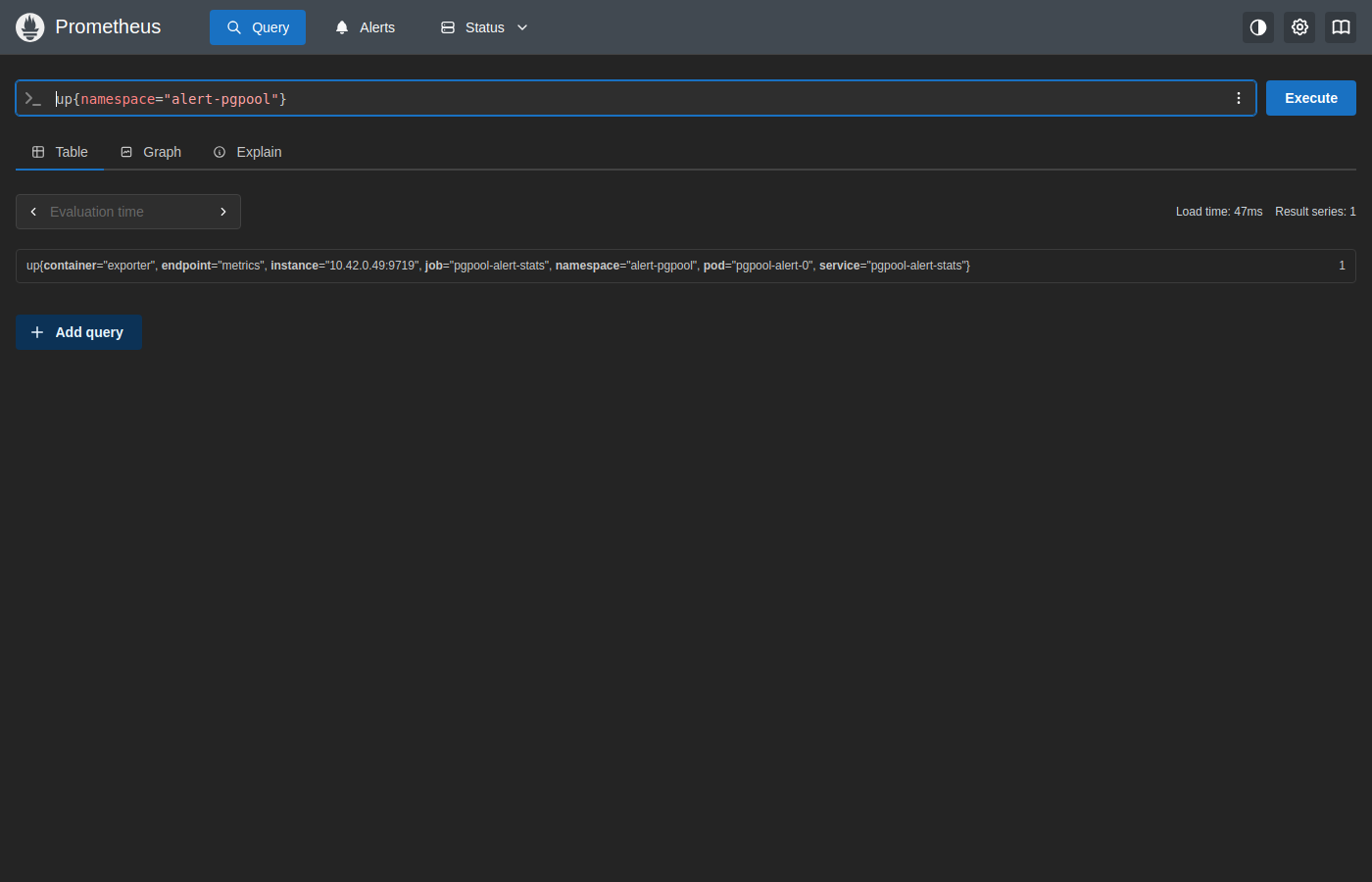 Prometheus up query — pgpool-alert-0 UP