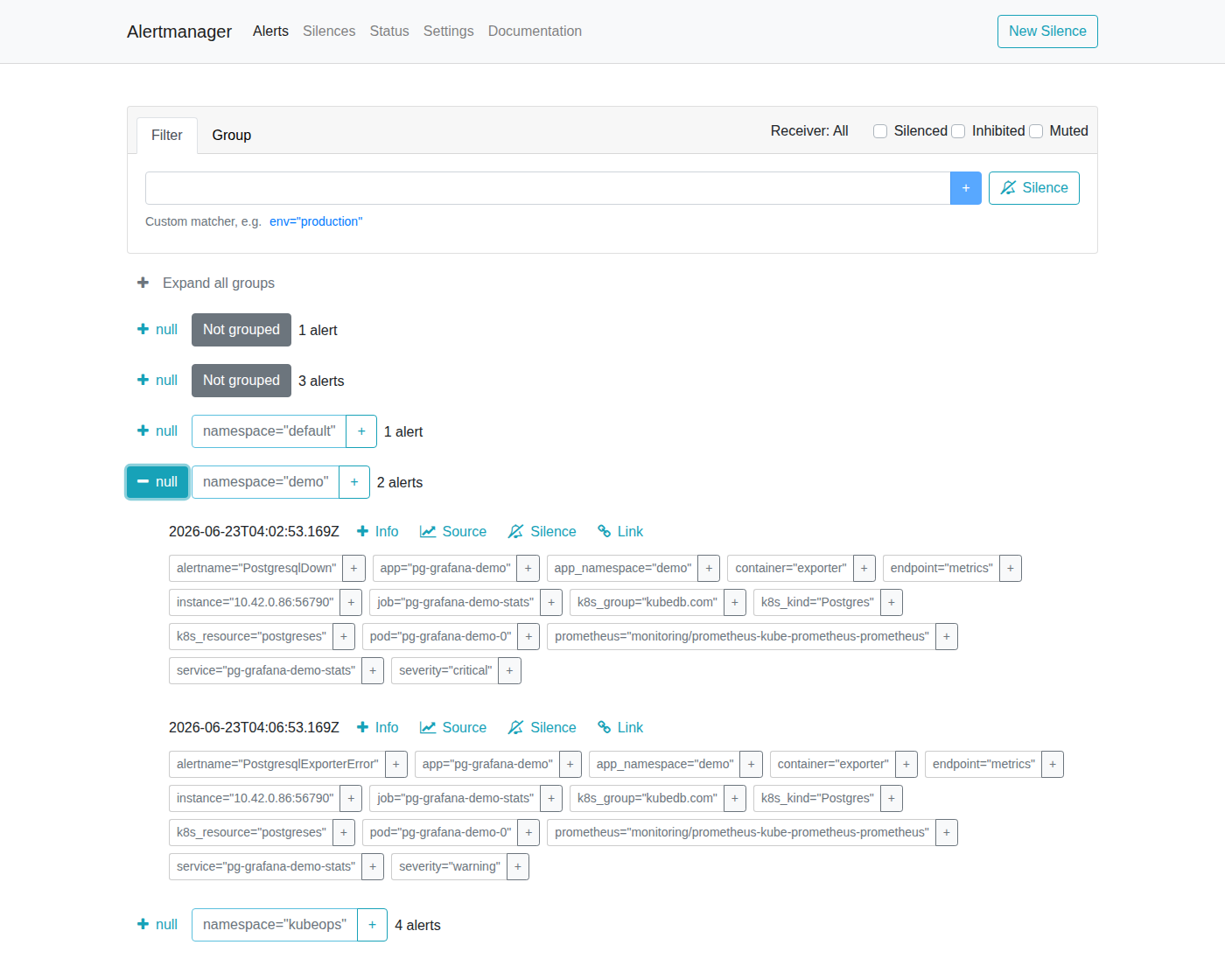 AlertManager — PostgresqlDown Firing