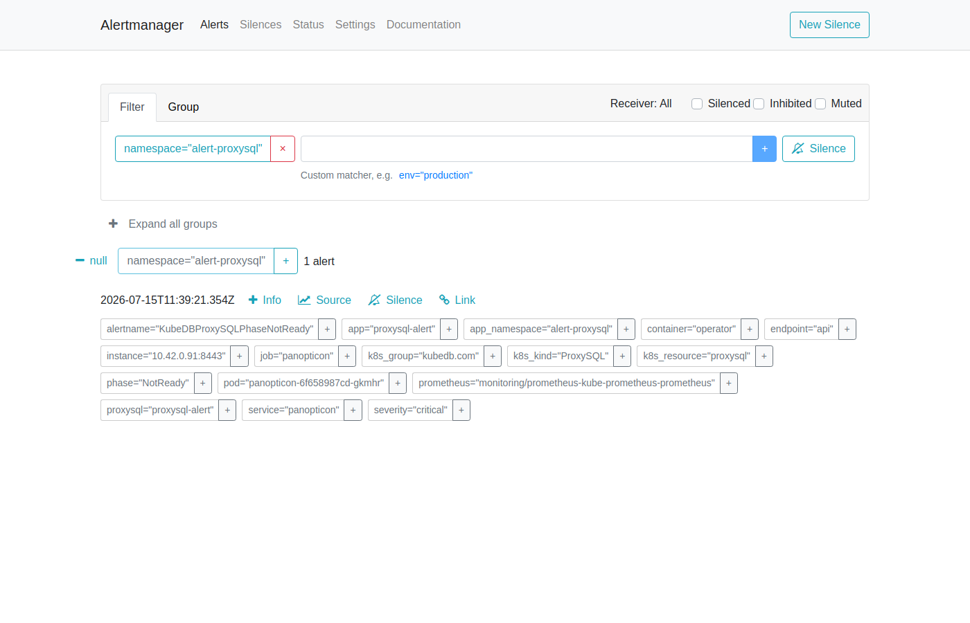 AlertManager — KubeDBProxySQLPhaseNotReady Firing