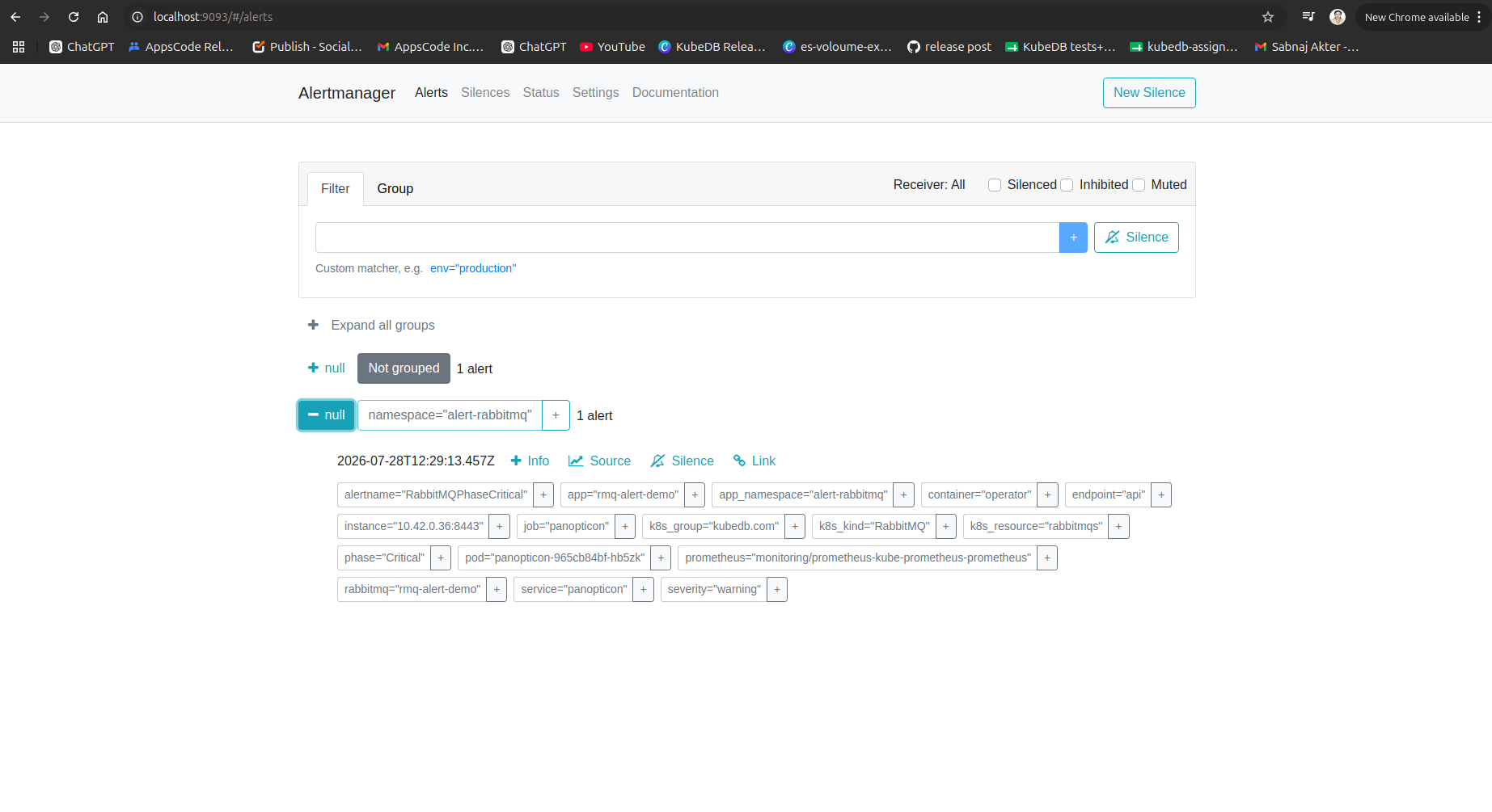 AlertManager — RabbitMQPhaseCritical Firing