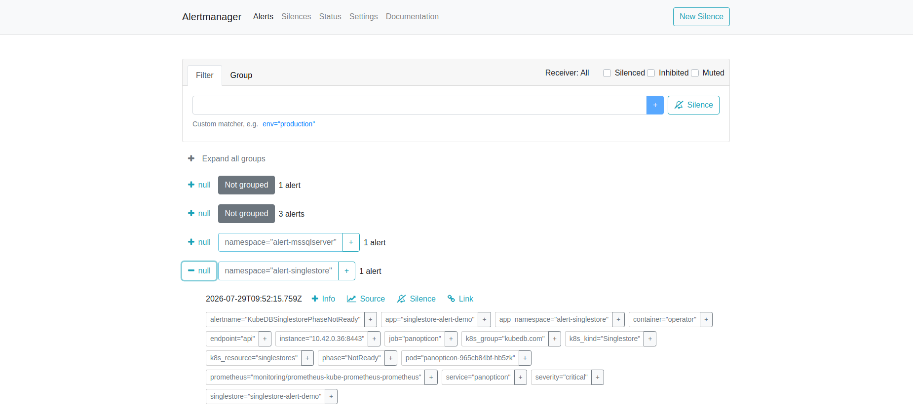 AlertManager — KubeDBSinglestorePhaseNotReady Firing