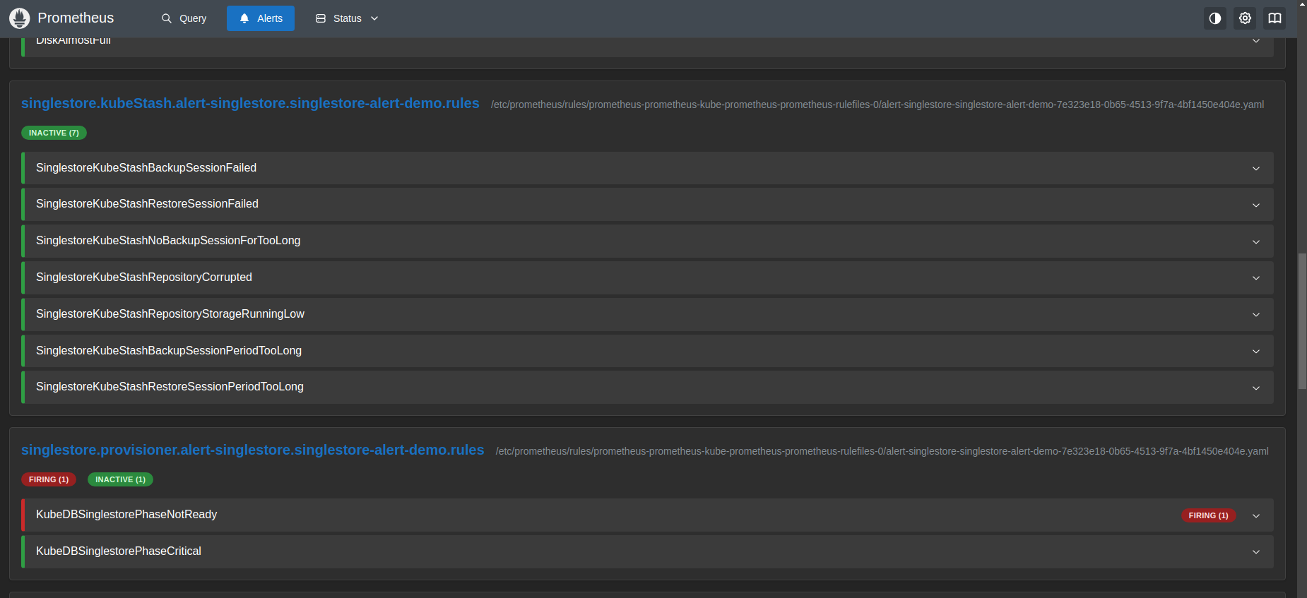 Prometheus Alerts — KubeDBSinglestorePhaseNotReady Firing