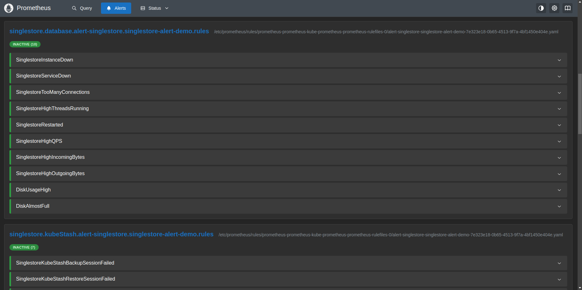 Prometheus Alerts — SingleStore groups inactive