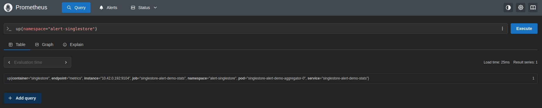 Prometheus up query — singlestore-alert-demo nodes UP