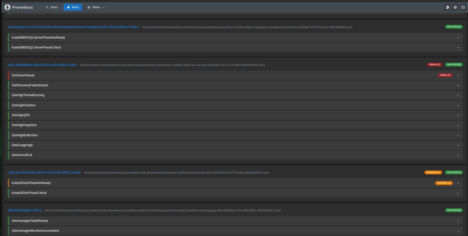 Prometheus Alerts — SolrDownShards Firing, KubeDBSolrPhaseNotReady Pending
