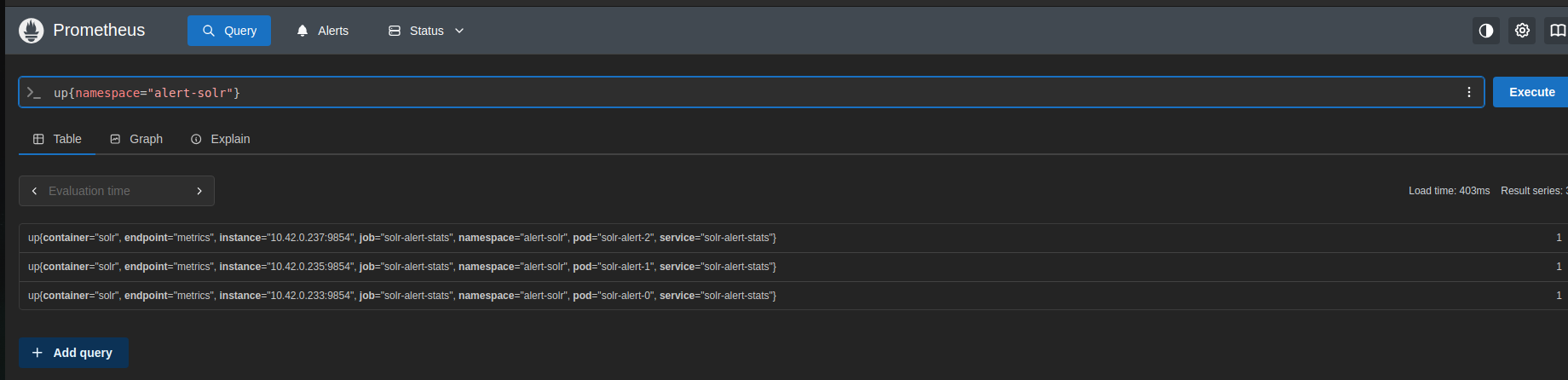 Prometheus up query — solr-alert-0 UP