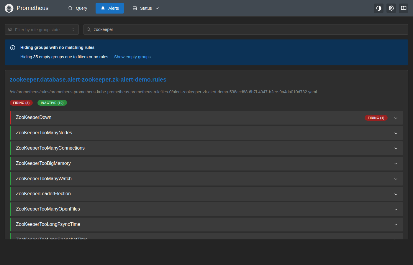 Prometheus Alerts — ZooKeeperDown Firing